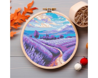 Lavender Field Cross Stitch Pattern Floral Cross Stitch Lavender Cross Stitch printable PDF file Cross Stitch Chart Instant Download PDF