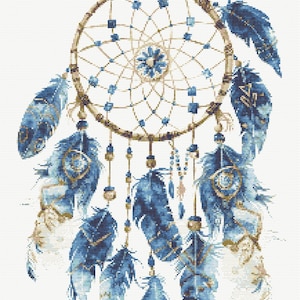 Patrón de punto de cruz Atrapasueños: Plumas azules y doradas (PDF)