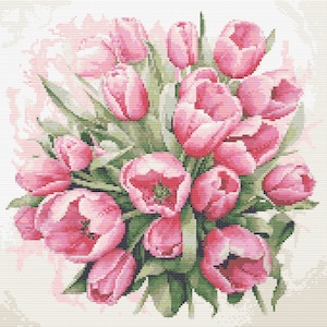 Lentetulpen kruissteekpatroon Bloemen kruissteek tulpen Kruissteek afdrukbaar pdf-bestand Kruissteektabel Instant download pdf