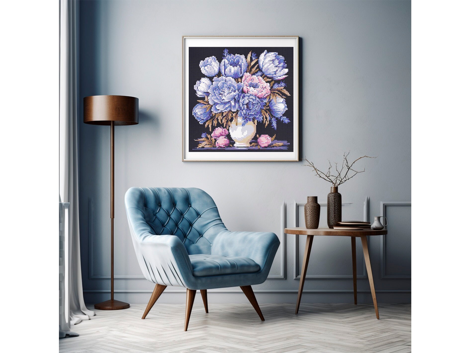 牡丹の花瓶のクロスステッチパターン 花のクロスステッチ 牡丹のクロス