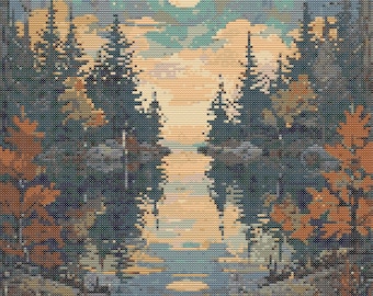 Lake in Forest Cross Stitch Pattern, Nature Woods Scene (PDF Pattern)