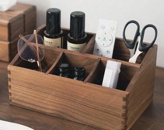 Black Walnut Desktop Organizer Box: Vintage Wood Office Storage