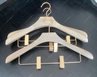 Premium Camphor Wood Hanger with Adjustable Metal Clips, Wooden Clothes Hanger with Trouser Clips for Home and Boutique Storage