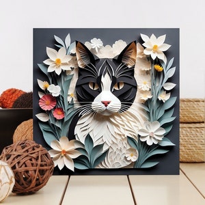 Black and White Cat Amongst Blossoming Flowers - Vibrant Floral and Feline Canvas Wall Art Print for Home Decor in Papercut Imitation Style
