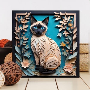 Siamese Cat Canvas Print, Papercut Imitation Feline Wall Art  for Home Decor, Cat Lover and Siamese Cat Owner Gift, Cat Memorial Gift