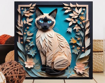 May include: A papercraft artwork of a Siamese cat sitting in a garden setting. The cat is made of layered paper and has a realistic appearance. The background is a blue-green color with paper flowers and leaves.