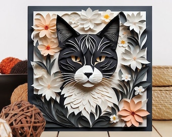 Exquisite Black & White Katze in einem Garten voller Papierschnitt Blumen - Eleganter Kunstdruck auf Leinwand