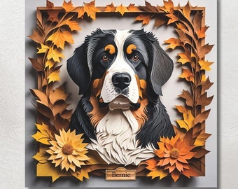 Bernese Mountain Dog Portrait in Fall Leaves, Bernese Mt. Dog Canvas Wrap, 3D Illusion Art with Name Personalization