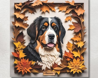 Bernese Mountain Dog Fall Portrait Print, Bernese Mt. Dog Canvas Wrap, 3D Illusion Art with Name Personalization, Berner Lover Perfect Gift