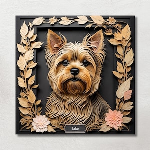 Golden Yorkie, Yorkshire Terrier Portrait Imitating Papercut Art with Name Personalization.