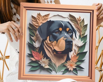May include: A framed paper art print of a black and tan Rottweiler dog with brown eyes, surrounded by paper flowers and leaves in shades of green, orange, and white.