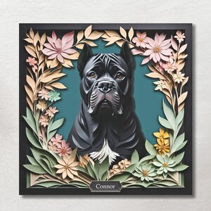 Cane Corso Nero con Nome Personalizzato, Decorazione da Parete in Carta Finta, Stile Tela con Fiori Illusioni 3D, Ritratto di Cane Personalizzato, Regalo