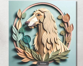 Afghanischer Windhund Porträt, Papierschnitt Imitation Hundeliebhaber Wandkunst, Hundebesitzer Geschenk, Tierarzt Tierheim Dekor