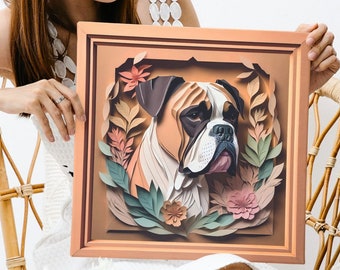 Boxer Portrait in Pastel Leaves, Vintage Papercut Imitation Design, Dog Lover Wall Art, Dog Owner Gift, Boxer Memorial Gift Vet Clinic Decor