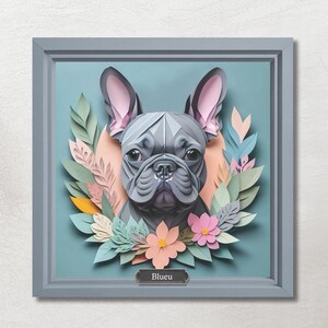 Blue French Bulldog Portrait, Vintage Papercut Imitation Dog Lover Wall Art, Dog Owner Gift, French Bulldog Mom or Dad Gift