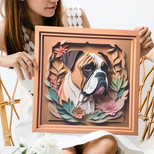 Boxer Portrait in Pastel Leaves, Vintage Papercut Imitation Design, Dog Lover Wall Art, Dog Owner Gift, Boxer Memorial Gift Vet Clinic Decor