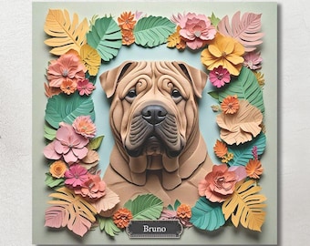 Personalisierte Shar Pei Leinwanddruck: 3D Illusion Floral Portrait