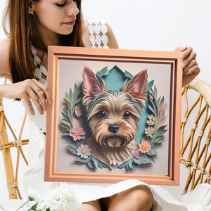 Yorkshire Terrier in Pastel Leaves, Papercut Imitation Dog Lover Wall Art, Yorkie Owner Decor, Yorkie Mom or Dad Gift, Yorkie Breeder Gift