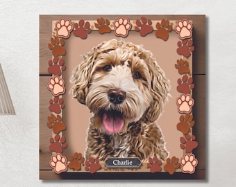 Custom Dog Portrait in a Dog Paw Frame Name Personalization, Custom Dog Art, Pet Memorial Gift, Custom Dog Loss Gift, Paw Print Dog Portrait