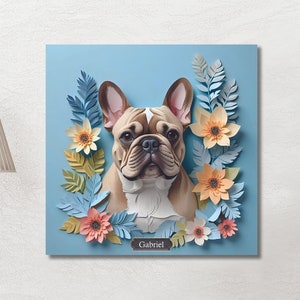 Fawn portret van de Franse Bulldog op blauw, 3D-illusie kunst aan de muur voor hondenliefhebbers, cadeau Franse Bulldog eigenaar, Decor van de kinderkamer met thema Franse Bulldog