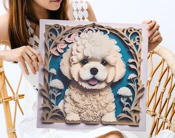 Bichon Frise Puppy Portrait, Papercut Imitation Dog Lover Wall Art, Bichon Owner Gift, Bichon Mom or Dad Gift, Vet Clinic Decor