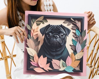 Ritratto di carlino nero, decorazione murale per amanti dei cani con imitazione ritagliata su carta, regalo per il proprietario di un carlino nero, regalo per mamma e papà di un carlino nero, decorazione per rifugio per animali della clinica veterinaria,