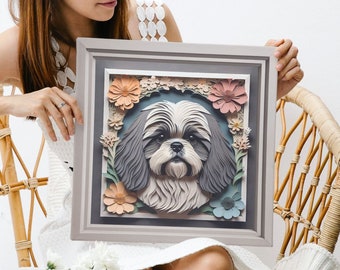 Gray & White Shih Tzu Canvas Printed Art, Faux 3D Frame Effect, Floral Dog Portrait, Elegant Wall Decor, Gift for Pet Owners