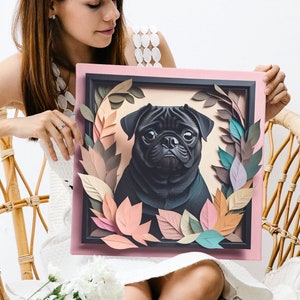 Black Pug Portrait, Papercut Imitation Dog Lover Wall Art, Black Pug Owner Gift, Black Pug Mom Dad Gift, Vet Clinic Animal Shelter Decor,