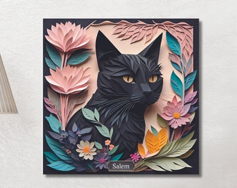 Elegant svart katt i livfull blommönster Canvastavla - 3D-illusion för husdjur - Perfekt för kattälskare och heminredning