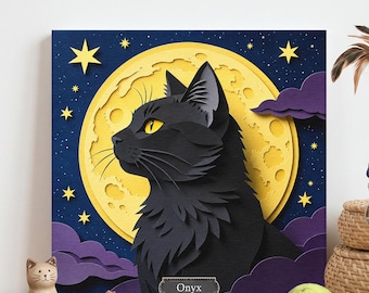 May include: A square art print featuring a black cat with yellow eyes, set against a yellow moon and a dark blue starry sky. The cat's name, "Onyx," is displayed below. The scene includes purple clouds and yellow stars, creating a whimsical, nighttime theme.
