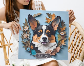 Tricolor Corgi Canvas Print Portrait on Baby Blue Background with Pastel Floral Border,  Unique Pet Art Decor, Perfect Corgi Mom Gift