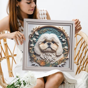 White Shih Tzu Papercut Canvas Print, Floral Pet Portrait, Serene Dog Wall Art, Unique Home Decor, Perfect Gift for Shih Tzu Owners