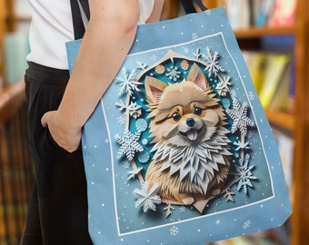 Winter Pomeranian Tote Bag, All-Over Print Reusable Dog Lover Bag, Pomeranian Lover Gift, Pom Mom and Dad Gift