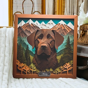 Chocolate Lab Mountains Backdrop Papercut Imitation Art Canvas with Name Personalization, Outdoor Inspired Dog Lover Art and Home Decor Gift