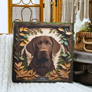 Arte su tela di imitazione di Labrador Retriever al cioccolato, ritagliata su carta, con personalizzazione del nome, regalo per amanti dei cani e decorazioni per la casa ispirato all'aria aperta