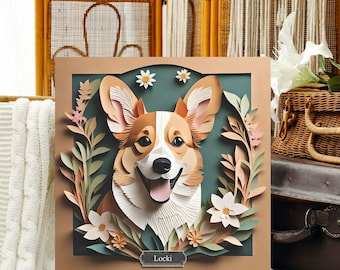 May include: A papercraft portrait of a corgi dog with a green background and a floral border. The dog is smiling and has a name tag that says "Locki".