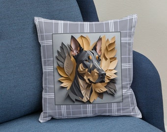 Doberman Gray Plaid Square Pillow, Papercut Imitation Design, Doberman Owner Birthday Housewarming Gift, Doberman Lover Home Decor