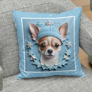 Winter chihuahua kussen, seizoensgebonden hondenliefhebber woondecoratie, chihuahualiefhebber comfort cadeau, chihuahua woondecoratie, chihuahua cadeau moeder of vader