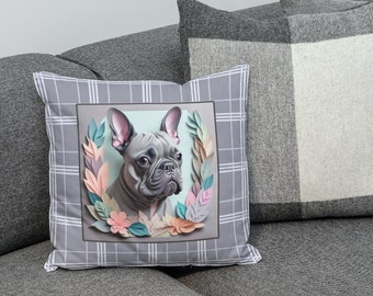 Cojín cuadrado de bulldog francés, diseño de imitación de papel cortado, regalo de cumpleaños o inauguración de la casa para dueños de bulldog francés, decoración del hogar para amantes de los bulldogs franceses.