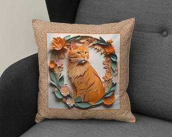 Ginger Tabby Cat Kussen - Bloemen Feline Decoratief Sierkussen voor Bank, Gezellige Cat Lover Home Accent, Huisdier Thema Woonkamer Decor