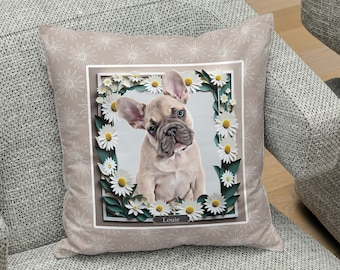Custom Dog Portrait Pillow, Daisy Framed Pillow Art, Dog Lover Gift, Mother's Day Gift, Dog Mom Gift, Pet Memorial Gift, Dog Lover Decor