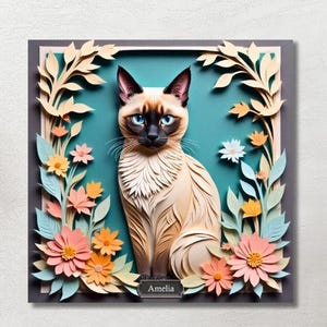 Siamese Cat Wall Art, Faux Papercut Style Canvas, Personalized Cat Portrait, Custom Gift for Cat Lover, Cat Memorial Wall Decor