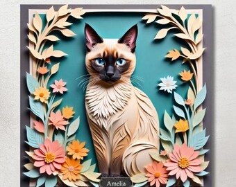 May include: A framed artwork featuring a Siamese cat with blue eyes, surrounded by colorful paper flowers and foliage. The cat is tan with dark brown markings. The artwork is set against a teal background and includes the name "Amelia".