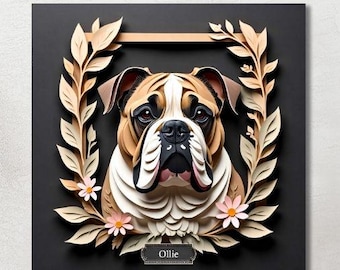 May include: A square black canvas features a 3D rendering of a bulldog's face, framed by a laurel wreath with small pink flowers. The dog is brown, white, and tan, with the name "Ollie" on a small plaque.
