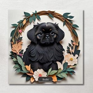 Black Pekingese Dog Wall Art, Personalized Pekingese Canvas, Faux Papercut Pet Portrait with Flowers, Gift for Dog Mom Dad or Pet Memorial