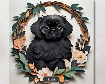 May include: A square canvas print featuring a black Pekingese dog, named Bodhi, centered within a decorative wreath of leaves and flowers. The dog has a fluffy coat and a serious expression. The wreath includes green, orange, and cream-colored elements.
