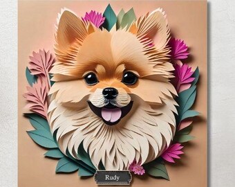 May include: A square canvas print featuring a smiling Pomeranian dog with a fluffy, layered design. The dog is surrounded by pink and green paper flowers, with the name "Rudy" on a small plaque.