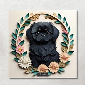 Pekingese Dog Wall Art, Personalized Black Pekingese Canvas, Faux Papercut Pet Portrait with Flowers, Gift for Dog Mom Dad or Pet Memorial