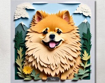 May include: A framed artwork featuring a smiling Pomeranian dog with a fluffy, layered fur effect. The dog is set against a backdrop of mountains, clouds, and greenery. The dog's name, "Toby," is on a small plaque.