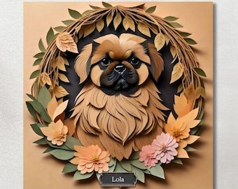 May include: A square canvas art piece featuring a detailed paper-cut illustration of a dog, framed by a wreath of leaves and flowers. The dog is brown and tan, with the name "Lola" on a small plaque.